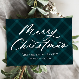 Teal Brushed Plaid Merry Christmas Non-Photo Holiday Card