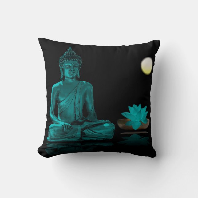 Teal Buddha and Lotus at Night Throw Pillow (Front)
