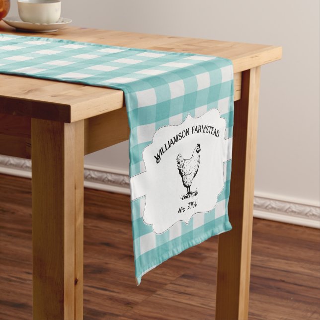 Teal Buffalo Plaid Farm Chicken Short Table Runner (In Situ)