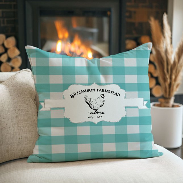 Teal Buffalo Plaid Farm Chicken Throw Pillow (Teal Buffalo Plaid Farm Chicken Throw Pillow)