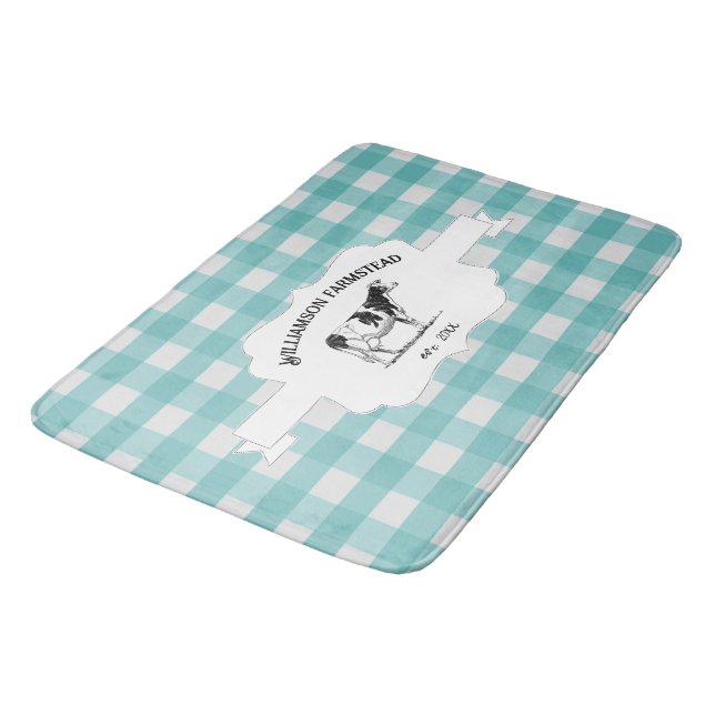 Teal Buffalo Plaid Farm Cow Bath Mat (Angled)