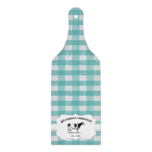 Teal Buffalo Plaid Farm Cow Cutting Board (Front)