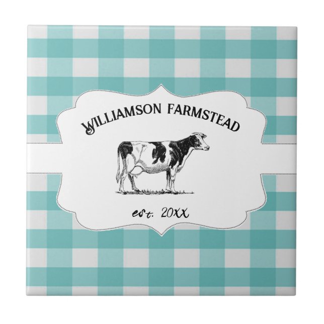 Teal Buffalo Plaid Farm Cow Decorative Tile (Front)