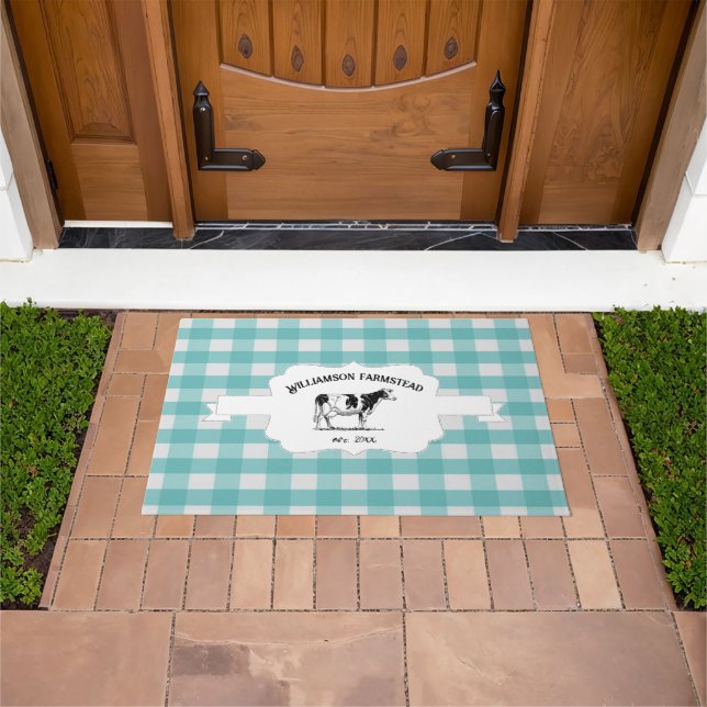 Teal Buffalo Plaid Farm Cow Doormat (Outdoor)