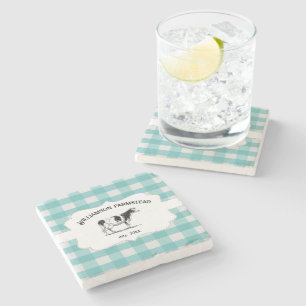 Teal Buffalo Plaid Farm Cow Stone Coaster