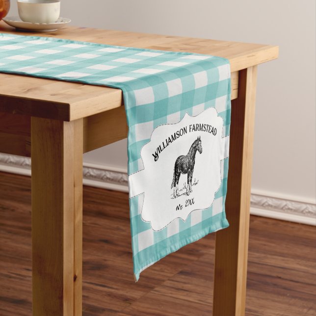 Teal Buffalo Plaid Farm Horse Short Table Runner (In Situ)