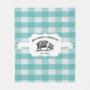 Teal Buffalo Plaid Farm Pig Fleece Blanket