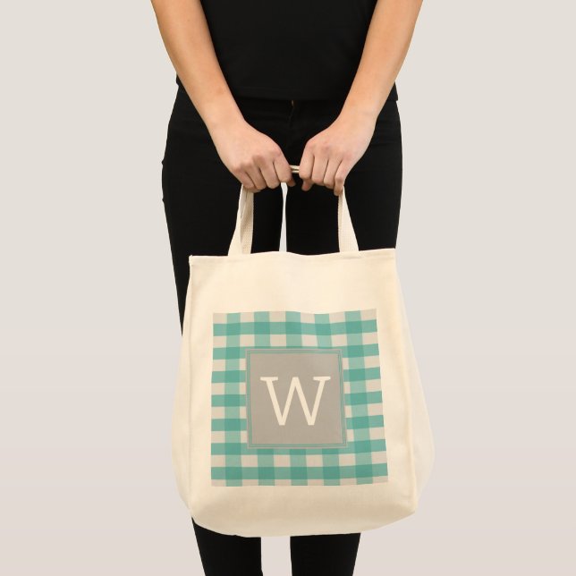 Teal Buffalo Plaid Monogram Tote Bag (Front (Product))