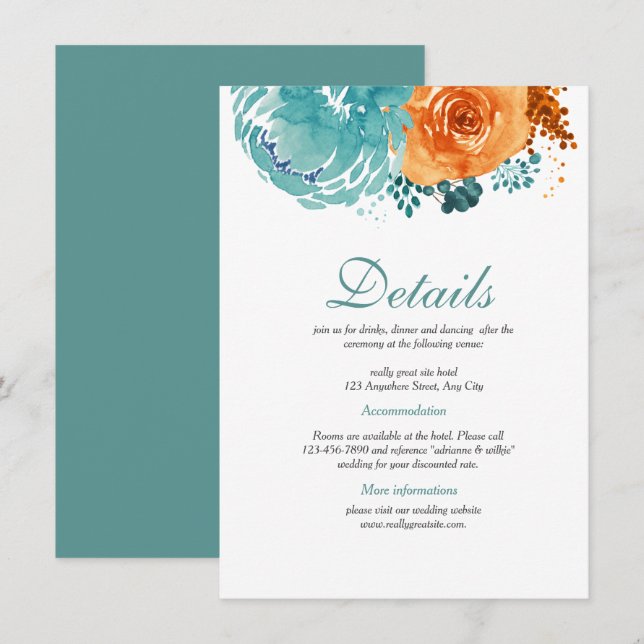 Teal Bunrt Orange Floral Fall Wedding Details Enclosure Card (Front/Back)