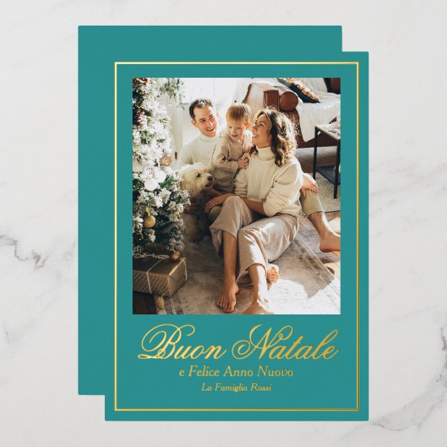 Teal Buon Natale e Felice Anno Nuovo Script Photo Foil Holiday Card (Front/Back)