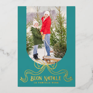 Teal Buon Natale Simple Modern Coquette Bow Photo Foil Holiday Card