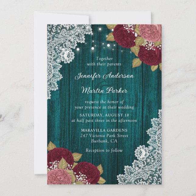 Teal Burgundy and Blush Floral Wedding Invitations (Front)