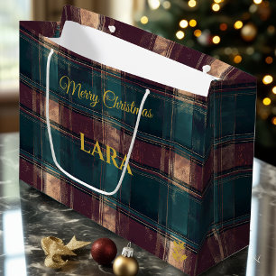 Teal, Burgundy, and Cream Distressed Plaid Custom Large Gift Bag