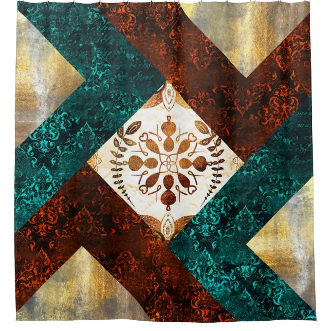 Teal, Burgundy and Gold Geometric Damask  (Front)