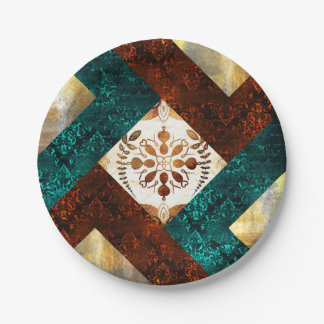 Teal, Burgundy and Gold Geometric Damask Paper Plate
