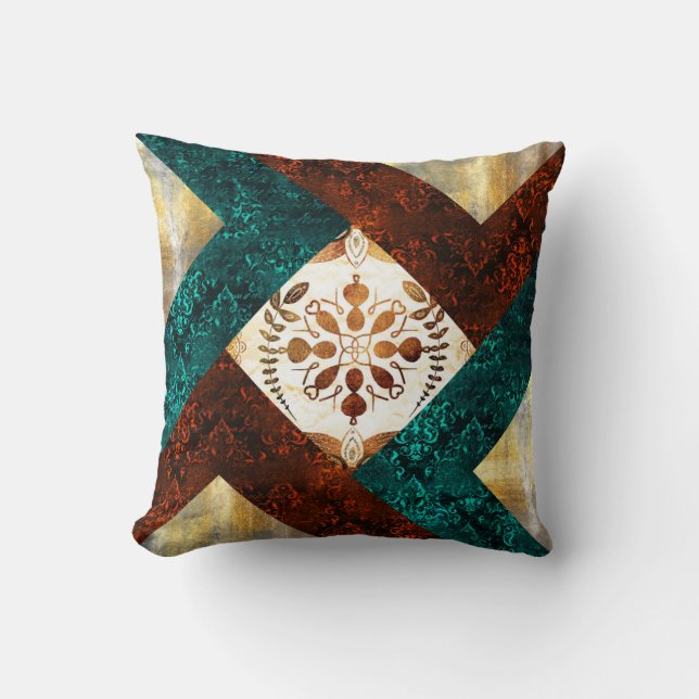 Teal, Burgundy and Gold Geometric Damask Throw Pillow (Front)