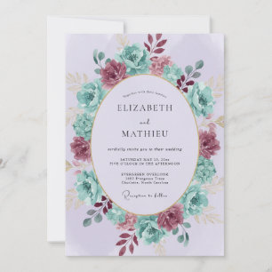 Teal Burgundy Floral Wreath Wedding Invitation