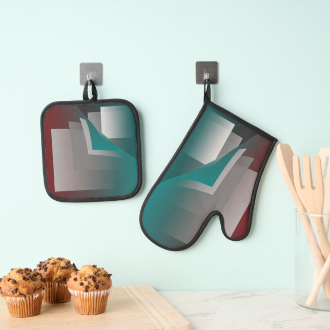 Teal burgundy grey pages oven mitt & pot holder set (Insitu(Hanging))