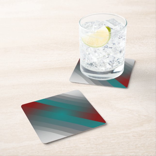 teal burgundy grey stripes square paper coaster (Insitu)
