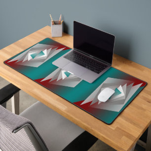 Teal Burgundy Grey Triangles Desk Mat