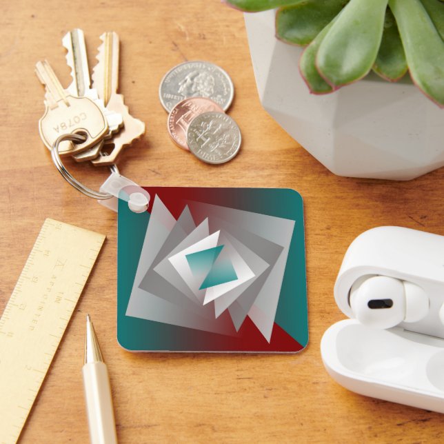 Teal Burgundy Grey Triangles Keychain (Desk)
