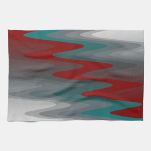 teal burgundy grey waves kitchen towel
