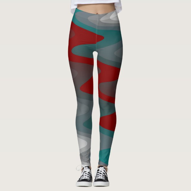 teal burgundy grey waves leggings (Front)