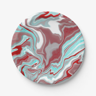 Teal, Burgundy, Red and White Marble Swirls   Paper Plate