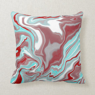 Teal, Burgundy, Red and White Marble Swirls   Throw Pillow