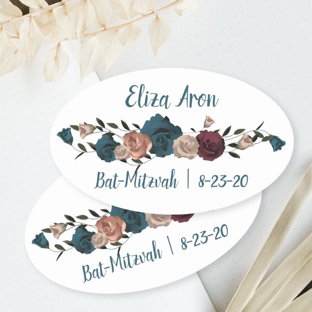 Teal Burgundy Roses Bat Mitzvah Favour Sticker (oval bat mitzvah party favor stickers, personalized envelope seals, teal burgundy beige botanical)