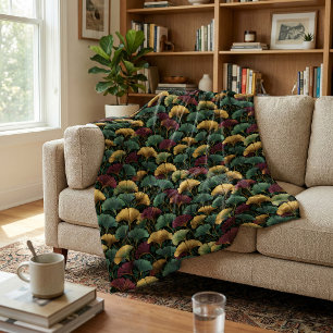 Teal Burgundy Vintage Ginkgo Leaf Pattern  Fleece Blanket