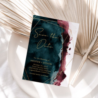 Teal & Burgundy Watercolor Save The Date Invitation