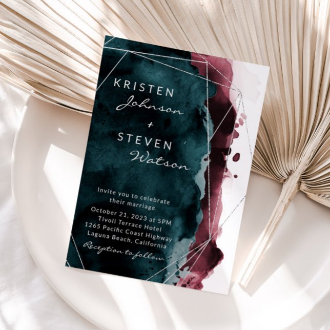 Teal & Burgundy Watercolor Wedding Invitation (Creator Uploaded)