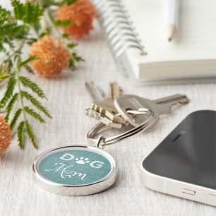 Teal Burlap Dog Mom Metal Keychain