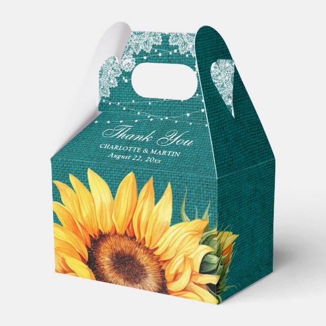 Teal Burlap Lace String Lights Sunflower Wedding Favor Box (Front Side)