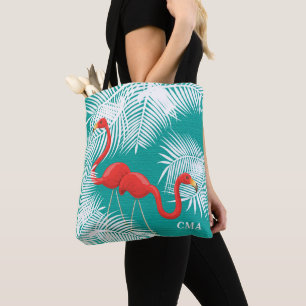 Teal Burlap with Pink Flamingos Tote Bag