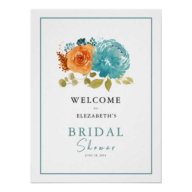 Teal Burnt Orange Bridal Shower Wedding Welcome Poster (Front)