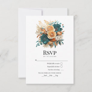 Teal, Burnt Orange & Champagne Floral Wedding RSVP Card