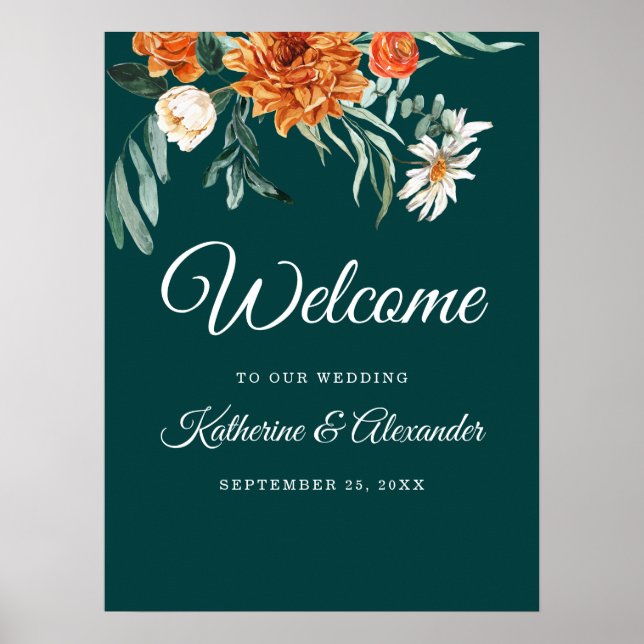 Teal Burnt Orange Elegant Floral Welcome Wedding  Poster (Front)