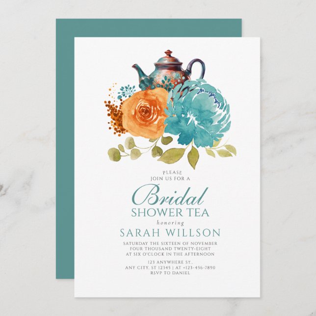 Teal Burnt Orange Fall  Floral Bridal Shower Tea Invitation (Front/Back)