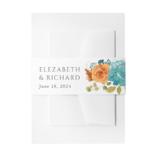 Teal Burnt Orange Fall Floral Wedding  Invitation Belly Band