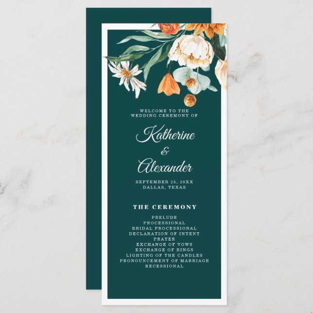 Teal Burnt Orange Floral Elegant Script Wedding Program (Front/Back)