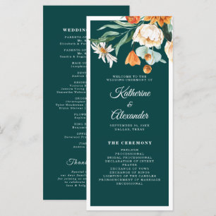 Teal Burnt Orange Floral Elegant Script Wedding Program