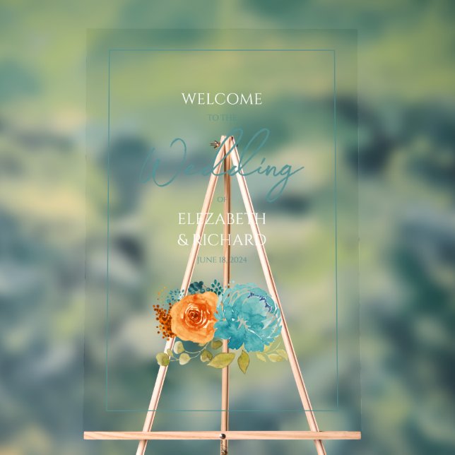 Teal burnt Orange Floral Fall Wedding Welcome Acrylic Sign (Neutral)
