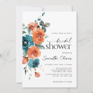 Teal Burnt Orange Floral Modern Rust Wedding Invitation