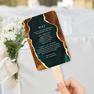 Teal, Burnt Orange Gold Agate Wedding Program Hand Fan