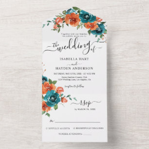 Teal Burnt Orange Rust Rustic Floral Wedding RSVP All In One Invitation