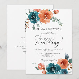 Teal Burnt Orange Rustic Fall Floral Wedding Invitation