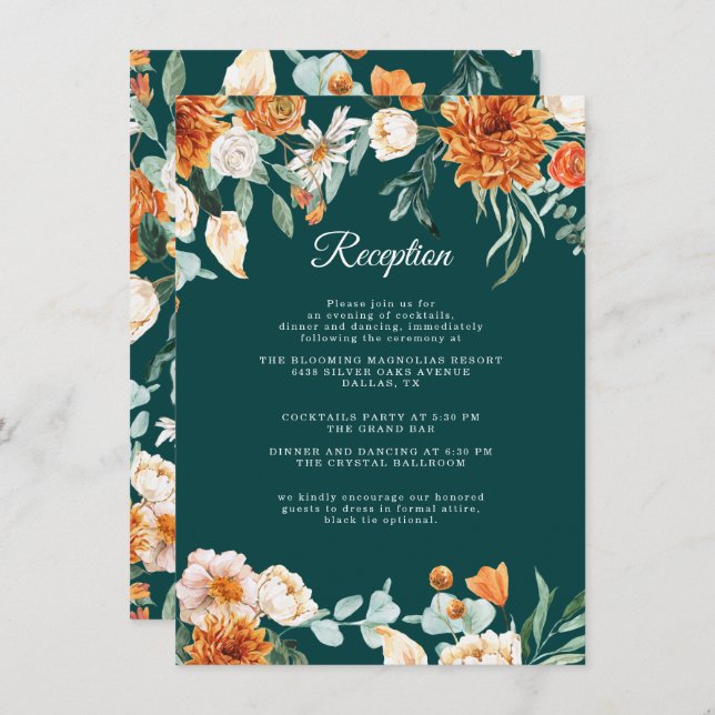 Teal Burnt Orange Rustic Fall Wedding Reception Enclosure Card (Front/Back)