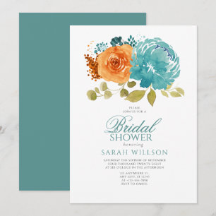 Teal Burt Orange Terracotta Floral bridal shower Invitation